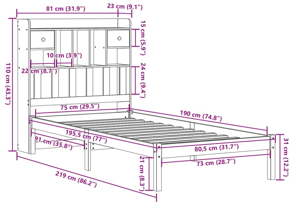 Cama com estante sem colchão 75x190 cm pinho maciço branco