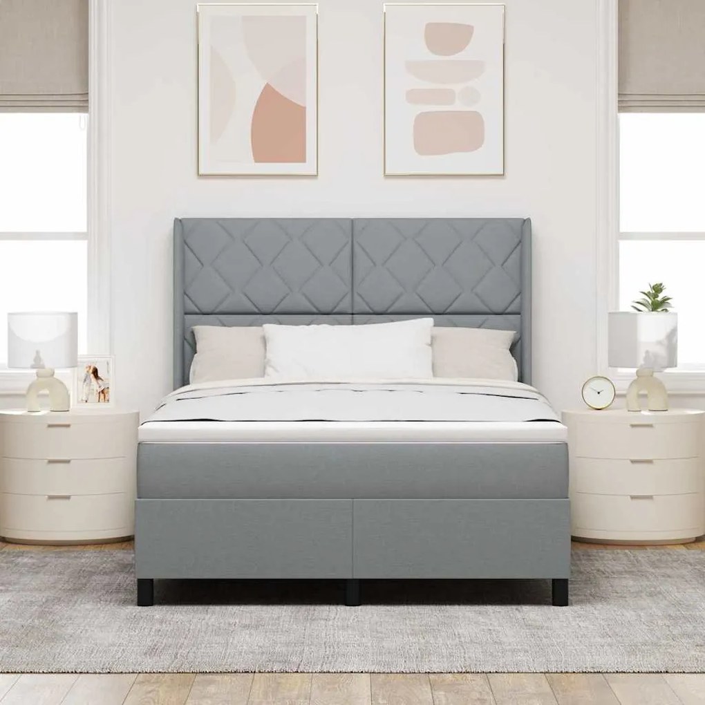 Cama Box com Colchão Cinza Claro 140x200 cm em Tecido.