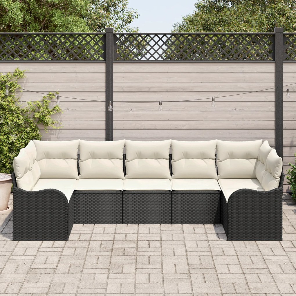 Conjunto de Sofás de Jardim de 7 Peças com Almofadas em Polirattan Pre
