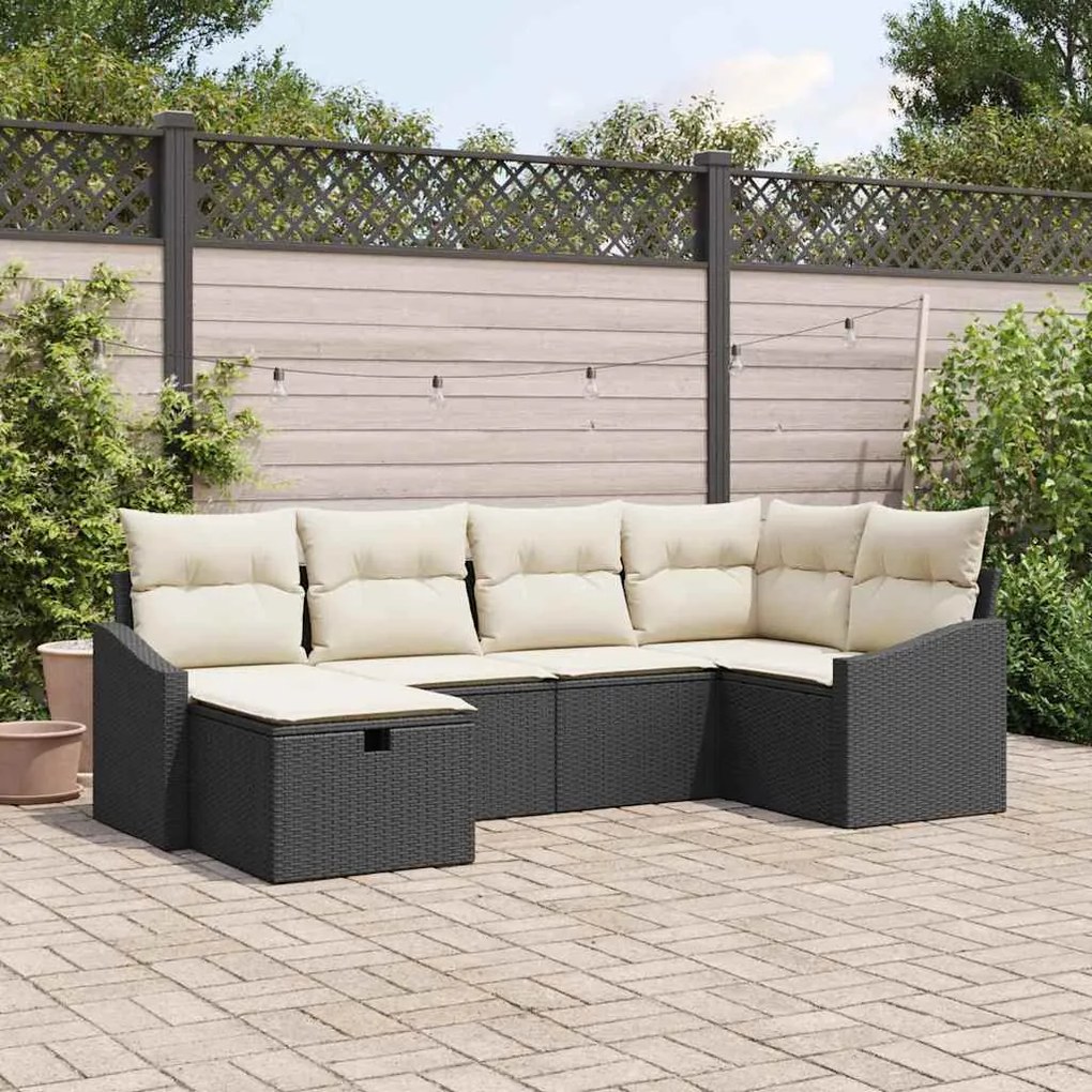 Conjunto de Sofá de Jardim de 6 Peças com Almofadas Preto Rattan Polié