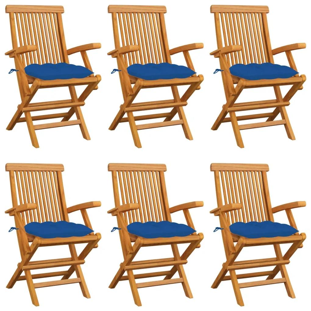 3062566 vidaXL Cadeiras de jardim com almofadões azuis 6 pcs teca maciça