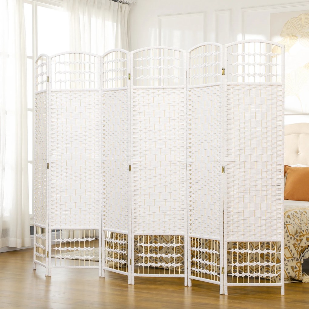 Biombo Separador de Ambientes de 6 Painéis Dobrável em Corda de Papel 160x170 cm Decoração para Quarto Branco
