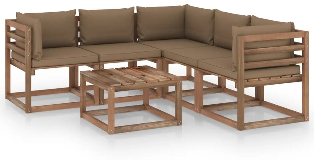 6 pcs conjunto lounge almofadões cinza-acast. pinho impregnado