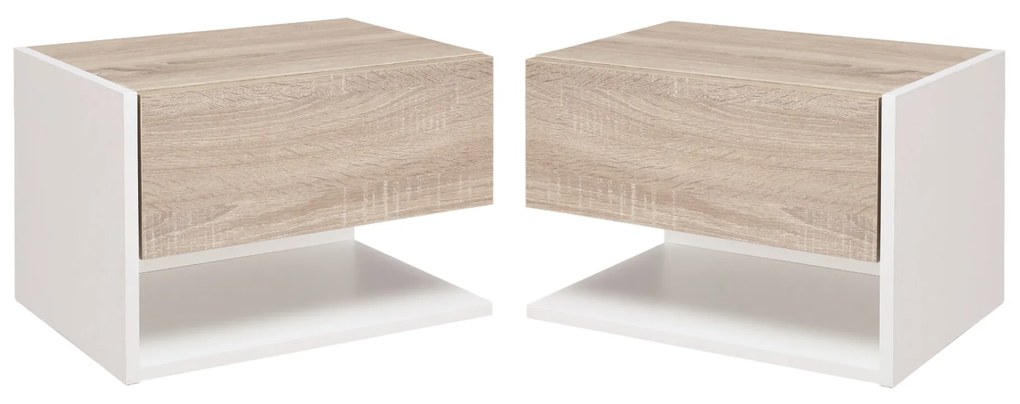 HOMCOM Conjunto de 2 Mesas de Cabeceira Flutuantes Mesas de Cabeceira Suspensas com 1 Gaveta e Prateleira Aberta para Dormitório 46x30x30 cm Carvalho e Branco