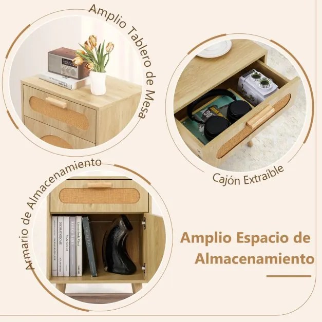 Mesa de cabeceira 45 x 30 x 61 cm de vime com gaveta e porta decorado com pernas de madeira maciça Natural