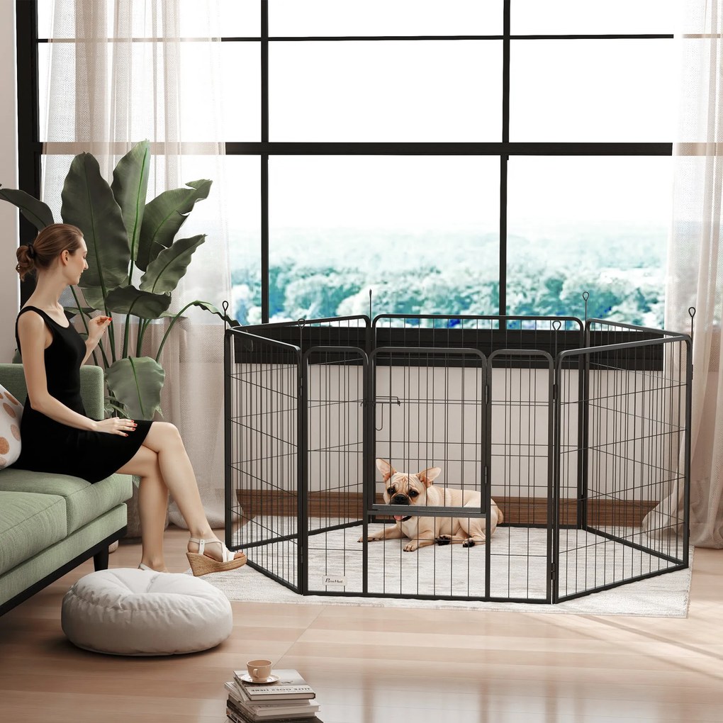 Parque para cães, recinto para cães com 6 painéis modulares e dobráveis, portátil em aço com porta 80 x 80 cinzenta