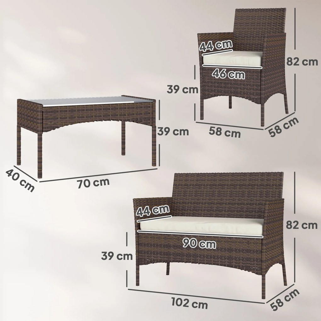 Conjunto de Jardim em Vime com Almofadas Móveis de Exterior com 2 Poltronas Sofá de 2 Lugares Mesa com Vidro Castanho e Bege