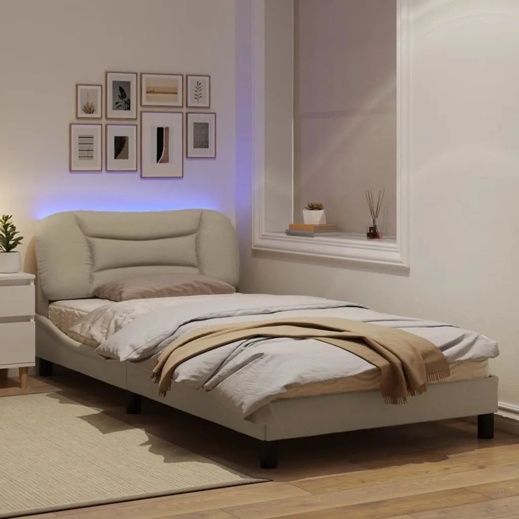 Estrutura de cama com luzes LED 100x200 cm tecido cor creme