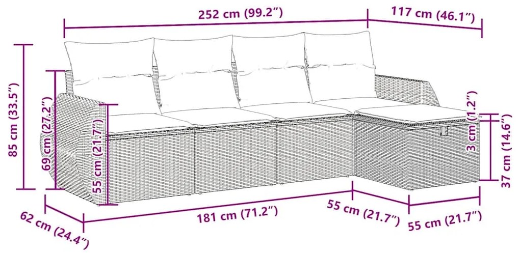 5 pcs conjunto sofás p/ jardim c/ almofadões vime PE castanho