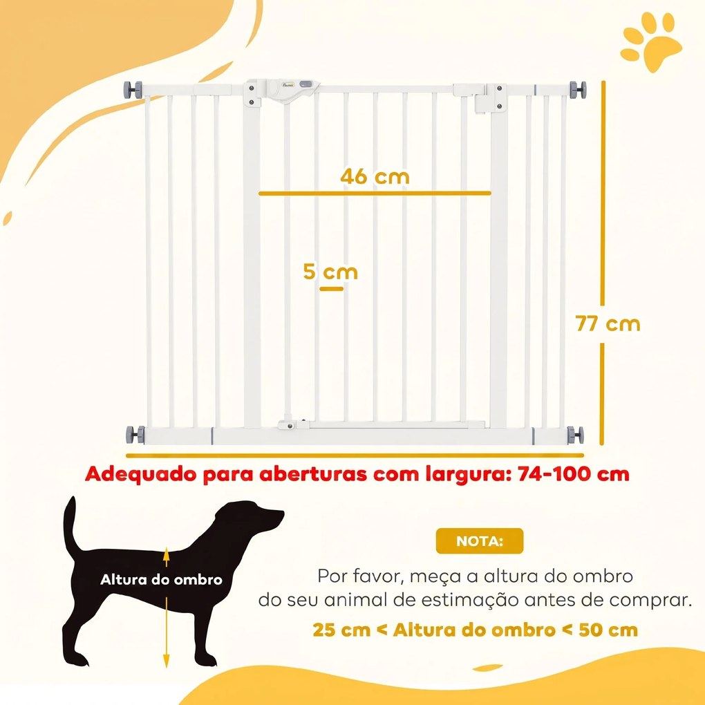 Barreira de Segurança para Cães 74-100 cm com Extensões, Montagem por Pressão e Duplo Bloqueio, Branco