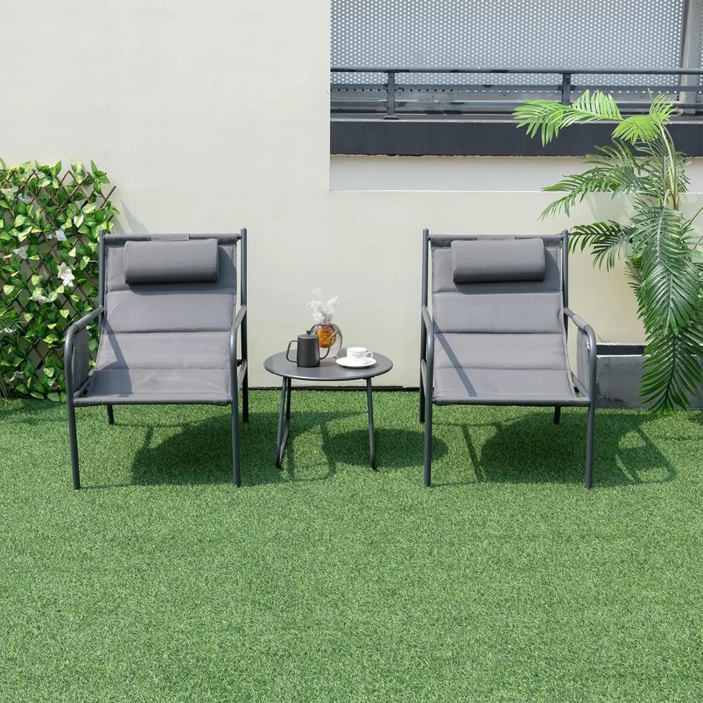 Conjunto jardim de 3 peças com mesa de café Cadeiras de metal Assento de tecido respirável Encosto de cabeça de tecido respirável para piscina jardim