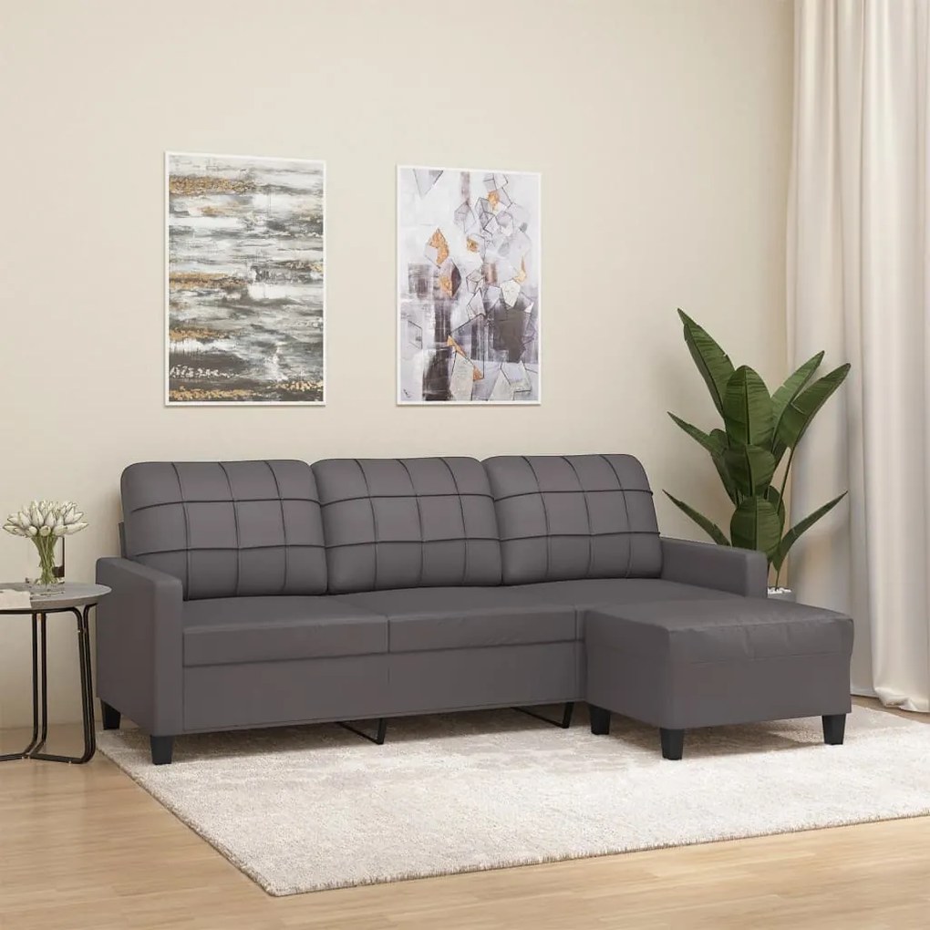 3201016 vidaXL Sofá de 3 lugares c/ apoio de pés 180 cm couro artificial cinza