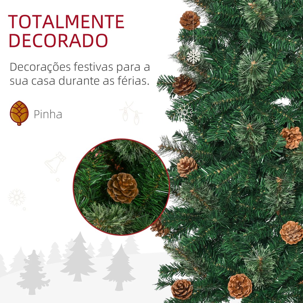 Árvore de Natal Artificial 225 cm Árvore de Natal com 706 Ramos Árvore de Natal Slim com 56 Pinhas Base Dobrável Ø58x225 cm Verde