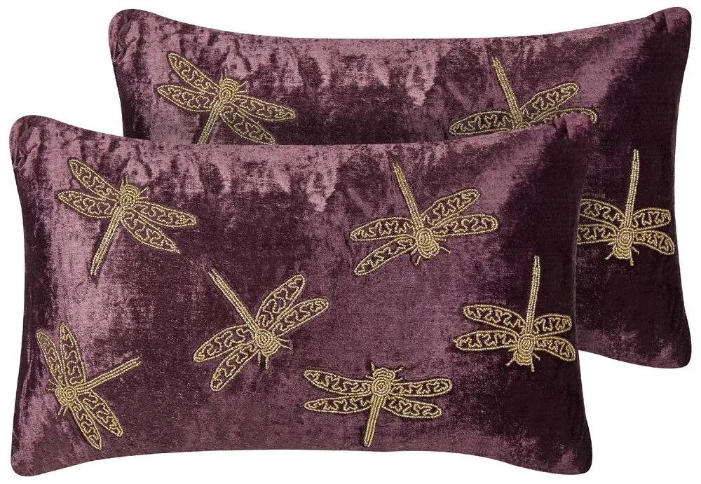 Conjunto 2 almofadas decorativas padrão de libelinhas em veludo violeta 30 x 50 cm DAYLILY Beliani