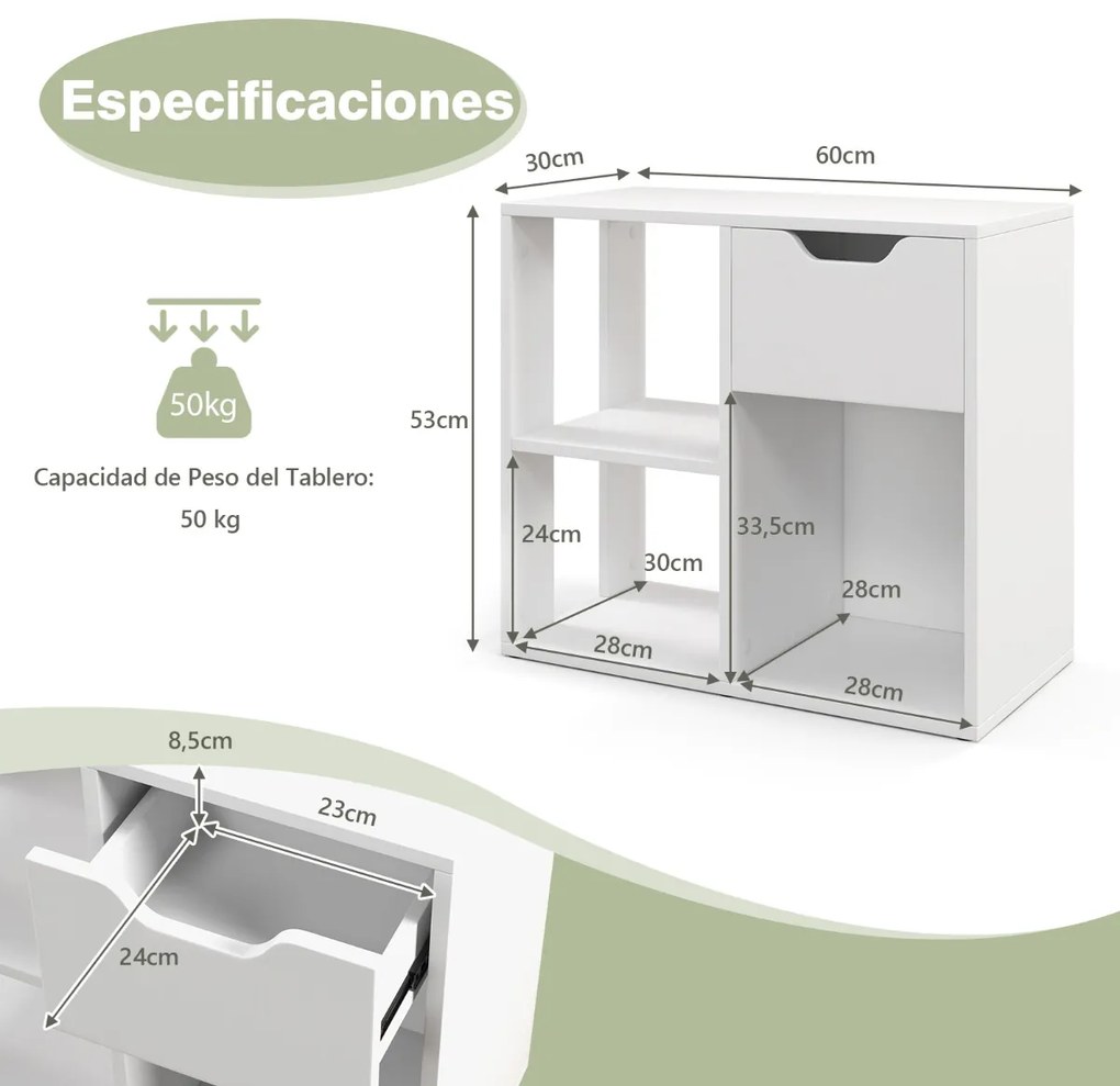 Estante de 3 cubos com gaveta 2 níveis Estante de arrumação independente para escritório, sala de estar, quarto, branco
