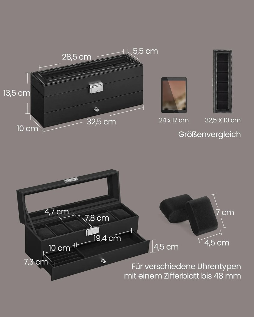 Caixa para relógios com 2 níveis 10 x 32,5 x 13,5 cm, revestimento em PU e forro interior em preto