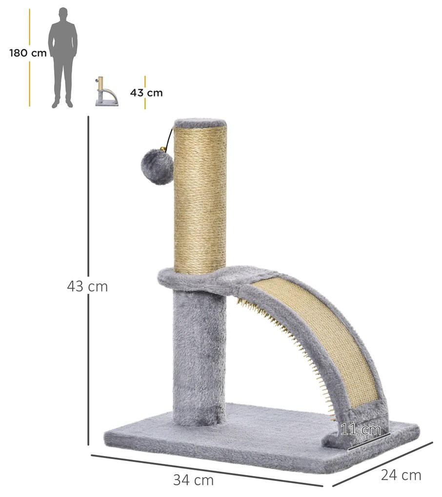 Arranhador para Gatos Altura 43 cm Mini Arranhador para Gatos com Tábua para Arranhar Bola Suspensa e Poste de Juta Cinza