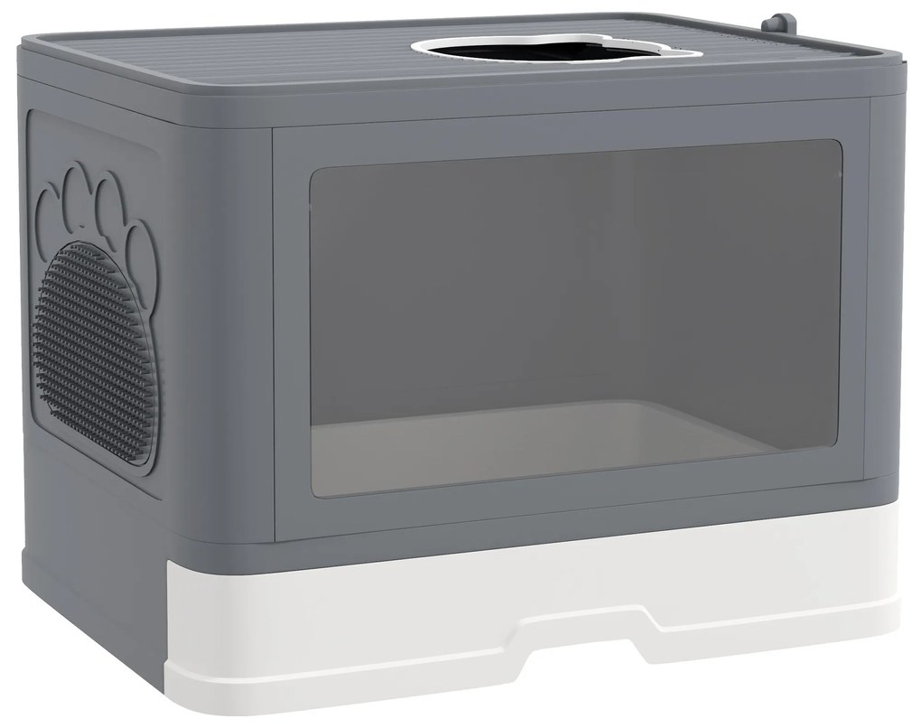 Caixa de Areia para Gatos Amovível com Pá Escova 2 Portas Entrada Principal e Saída Superior 48,5x38x36,5 cm Cinza