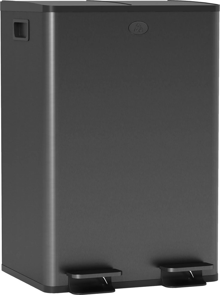 HOMCOM Lixeira de Cozinha 2 Compartimentos de 2x28 L Aço Inoxidável Tampa com Fechamento Suave 45,8x36x67,6 cm Preto | Aosom Portugal