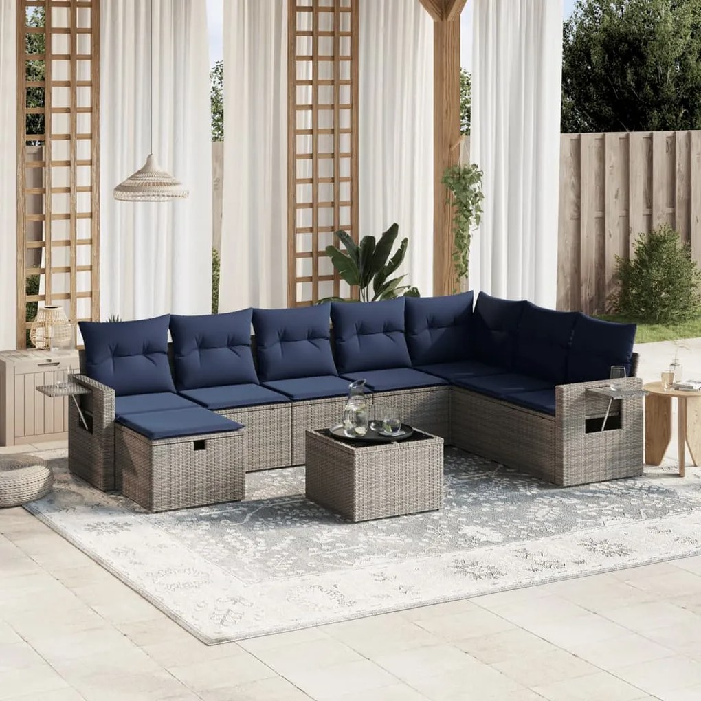 vidaXL 9 pcs conjunto sofás p/ jardim c/ almofadões vime PE cinzento
