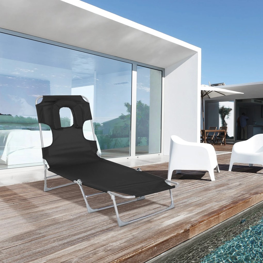 Espreguiçadeira de Jardim Reclinável e Dobrável com Orifício de Leitura Apoio para Cabeça e Encosto Ajustável em 5 Níveis para Praia 182x56x24,5 cm Pr