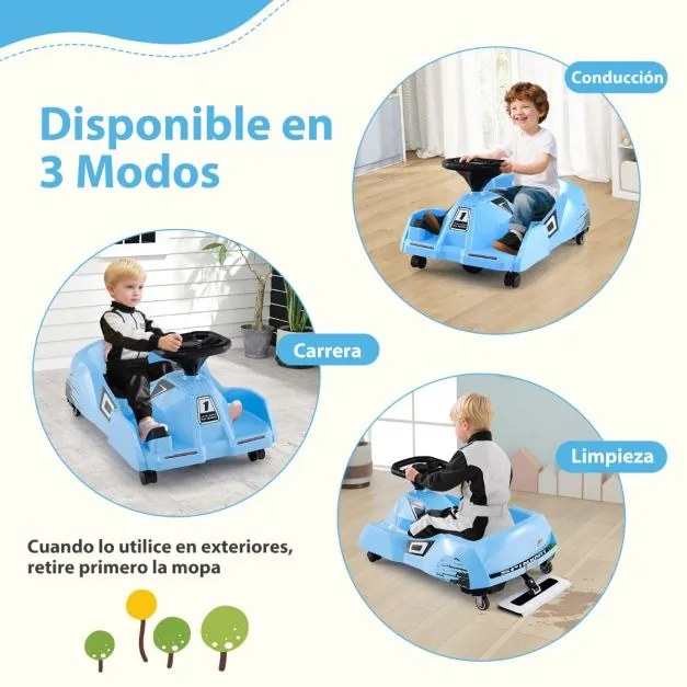 Kart elétrico de 12 V com esfregona removível, comando à distância, buzina, música e ligação sem fios para crianças dos 2 aos 5 anos, azul