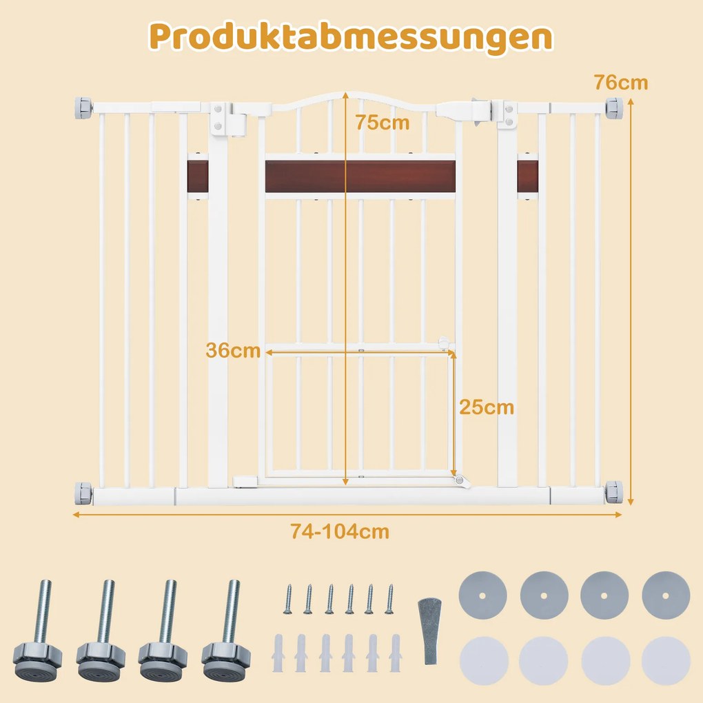 Grelha de proteção para cães ou bebes 74-104 cm x 76 cm, para porta sem perfuração, grelha de proteção com porta pequena, branca.
