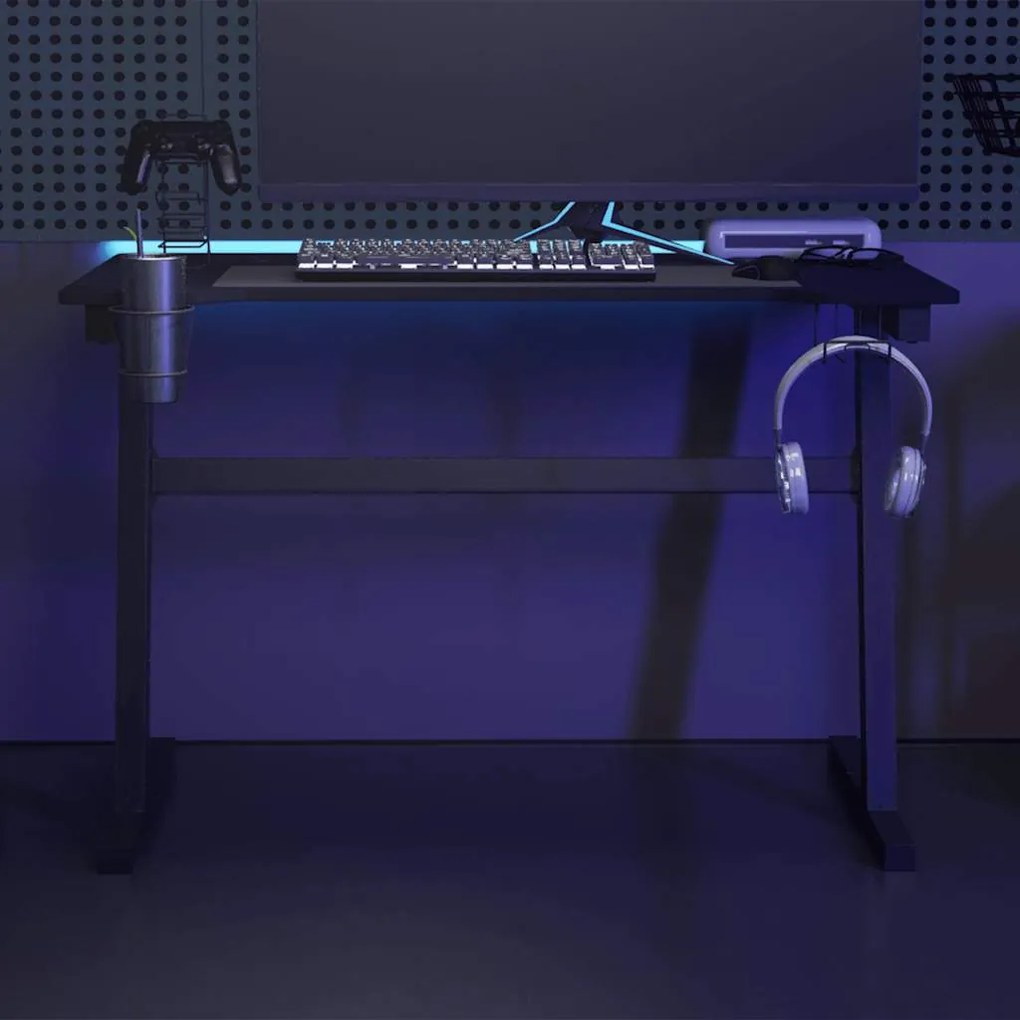 Secretária de gaming c/ luzes LED forma de Z 110x60x75 cm preto