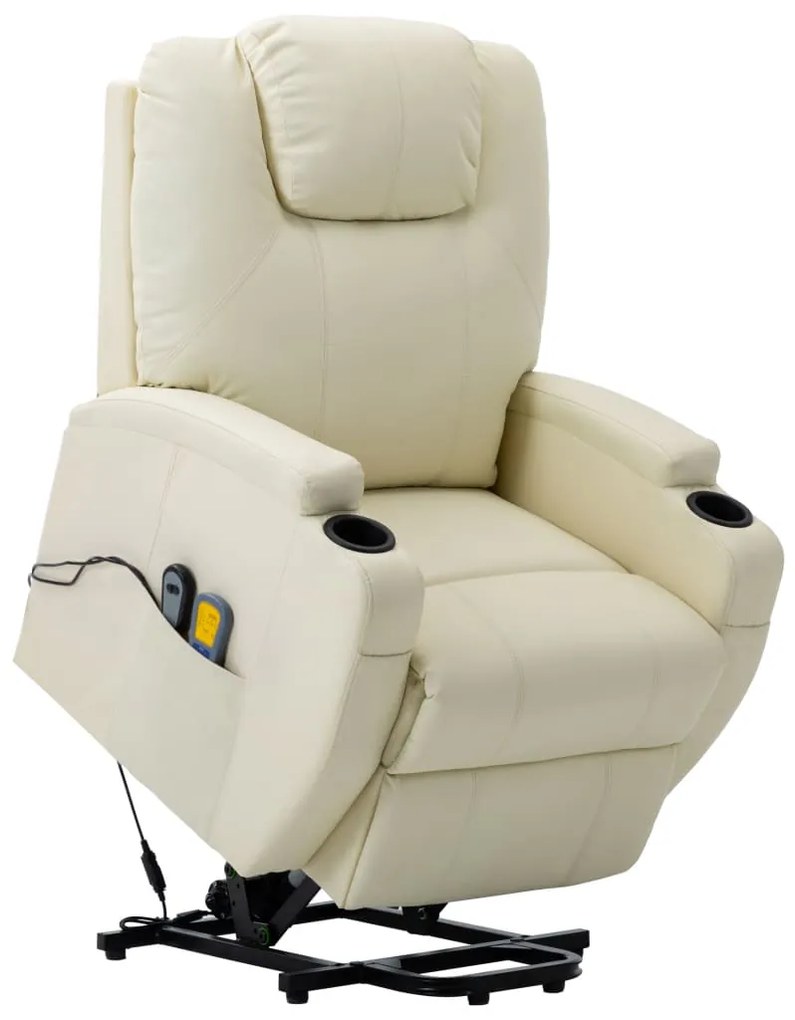 vidaXL Poltrona de massagens elevatória couro artificial branco nata