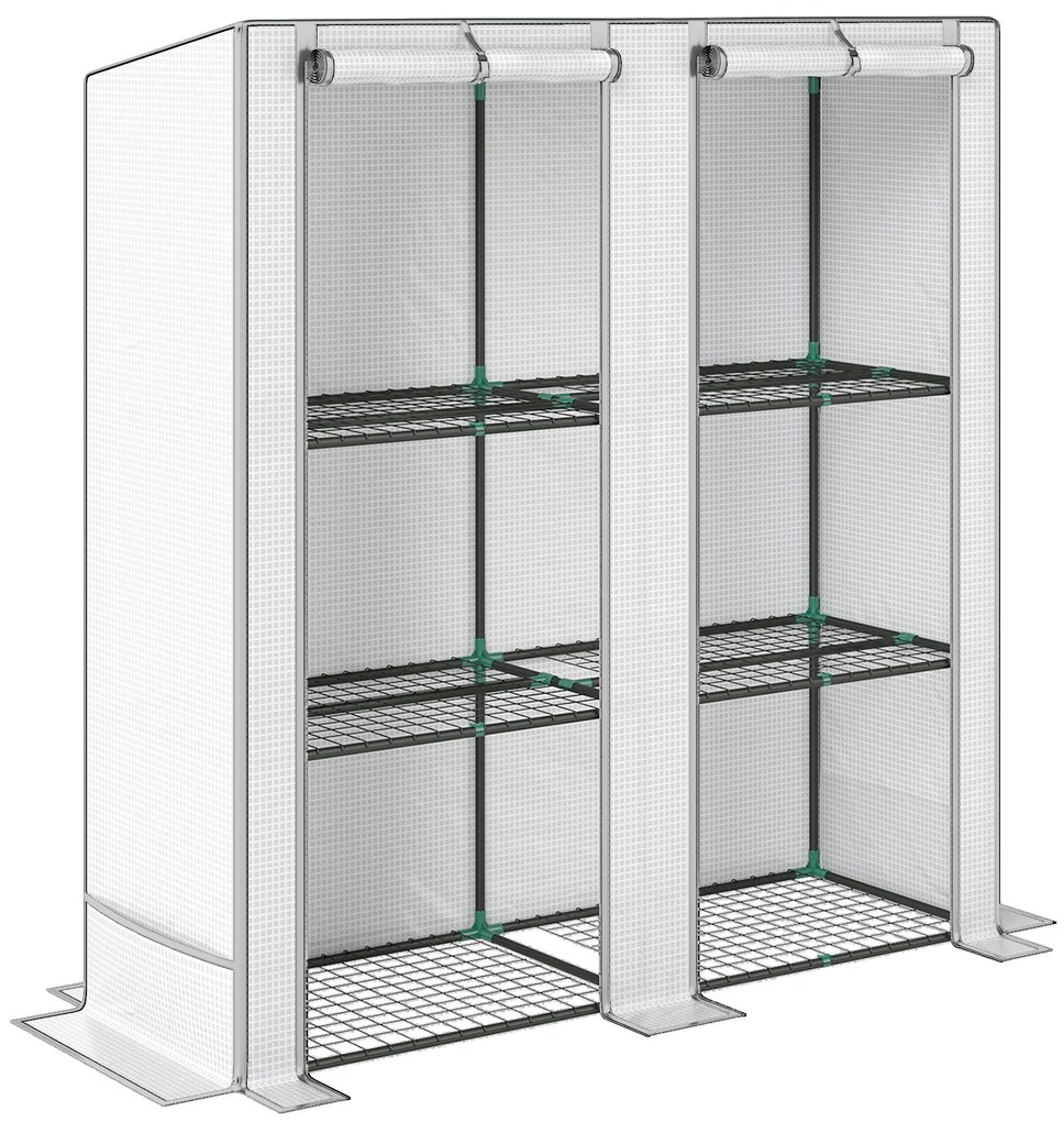 Estufa de Exterior Pequena com 3 Prateleiras 2 Portas de Enrolar Capa de PE e Estrutura de Aço 144x48x152 cm Branco