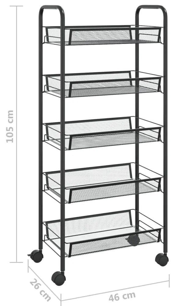 Carrinho de cozinha com 5 prateleiras ferro 46x26x105 cm preto