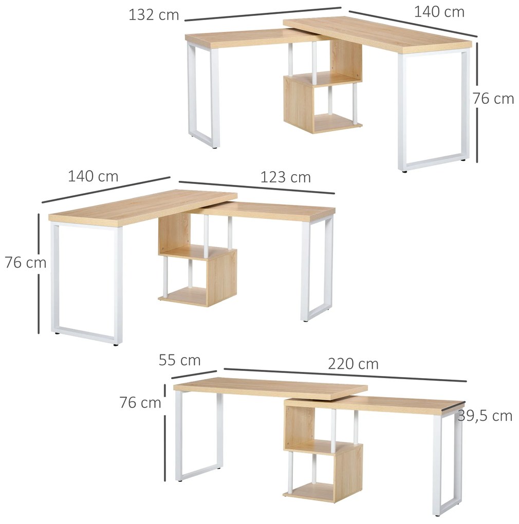 HOMCOM Secretária em forma de L Mesa giratória de 360º para computador várias formas com prateleira de 2 níveis em S Grande espaço de armazenamento 220x55x76 cm Carvalho