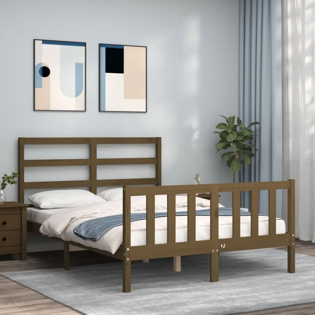 Estrutura de cama dupla pequena 4FT madeira maciça castanho-mel