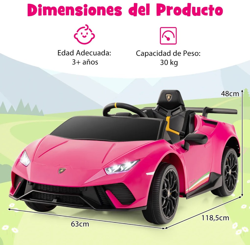 Carro Elétrico Lamborghini Licenciado para Crianças 12V com Controlo Remoto Luzes LED Música Buzina Arranque Suave Rosa