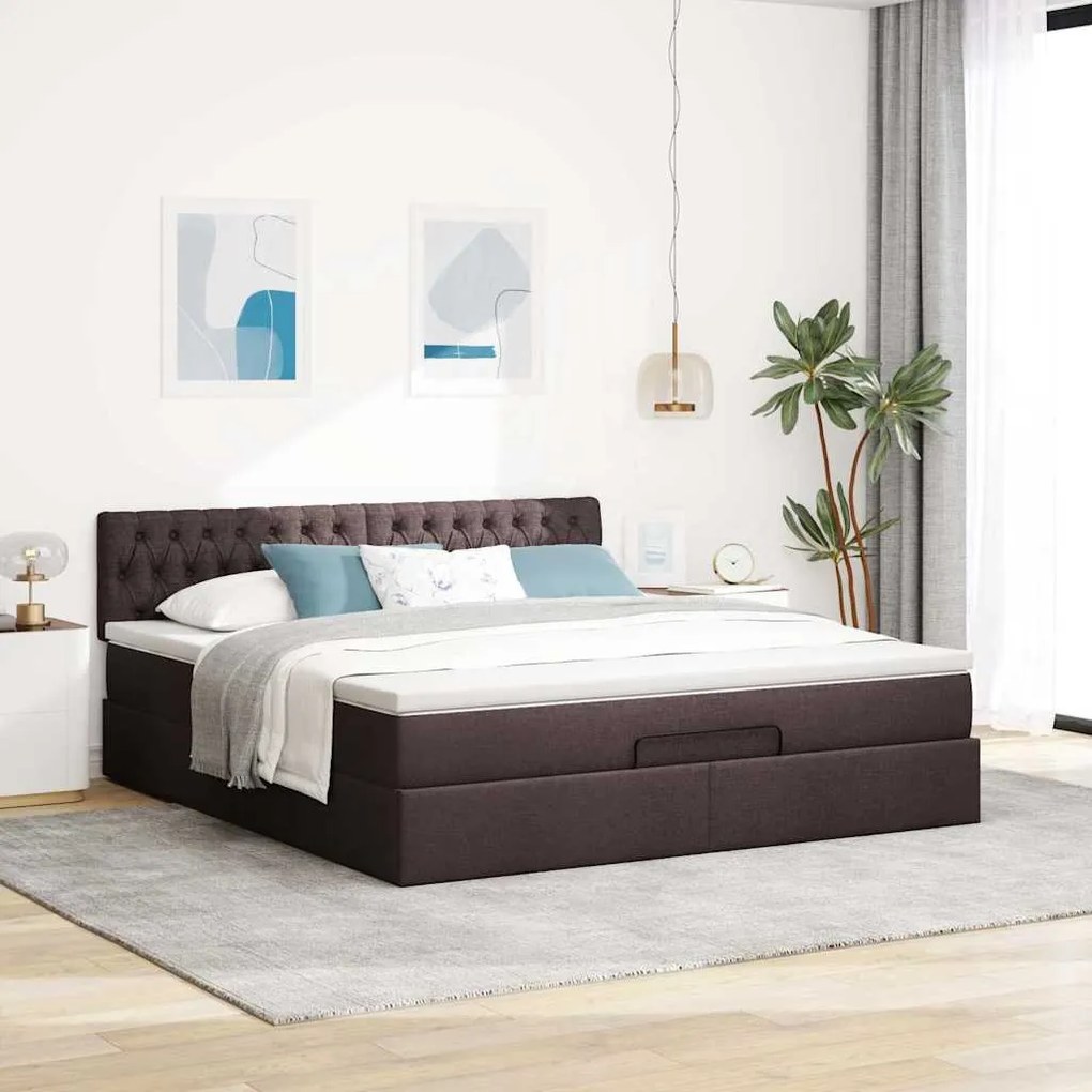 Estrutura de cama otomana com colchão tecido castanho escuro