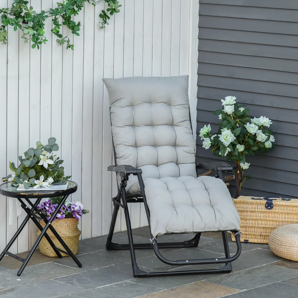 Outsunny Cadeira reclinável dobrável com almofada removível acolchoado de textilene Porta-copos para pátio jardim praia Carga 150 kg 90x65x110 cm Cinza