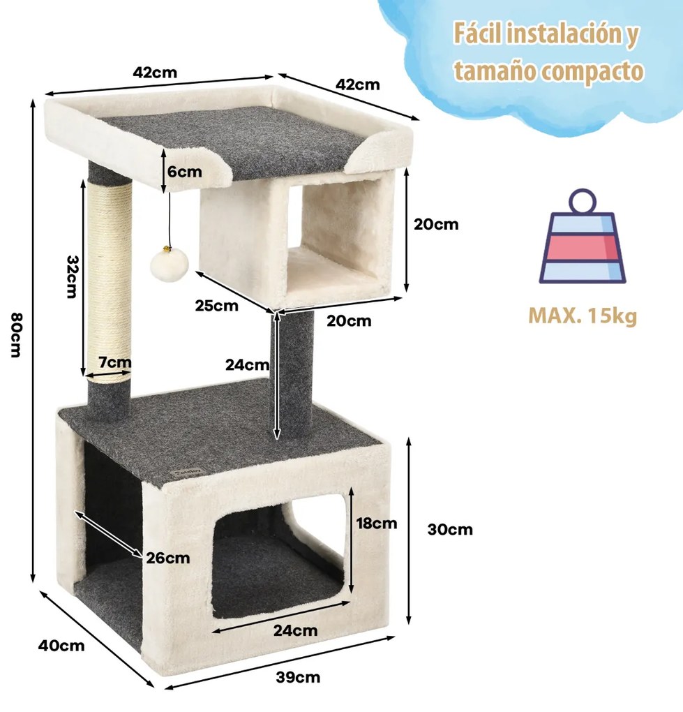 Arranhador para gatos com Pequena Torre 80 cm e bola felpuda Centro de atividades para gatinhos Branco e cinza