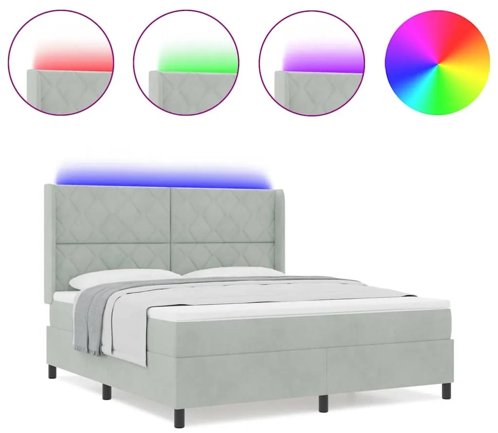 Cama Box com Colchão e Luz LED Cinza Claro 180x200 cm Veludo