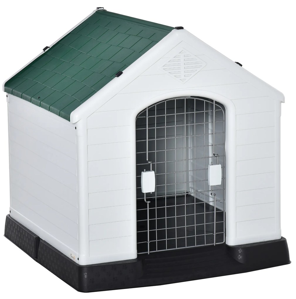 PawHut Casota de Cães Medianos com Porta Metálica Fechadura Teto Inclinado e Base Elevada para Interior e Exterior 78x87x81cm Branco e Verde