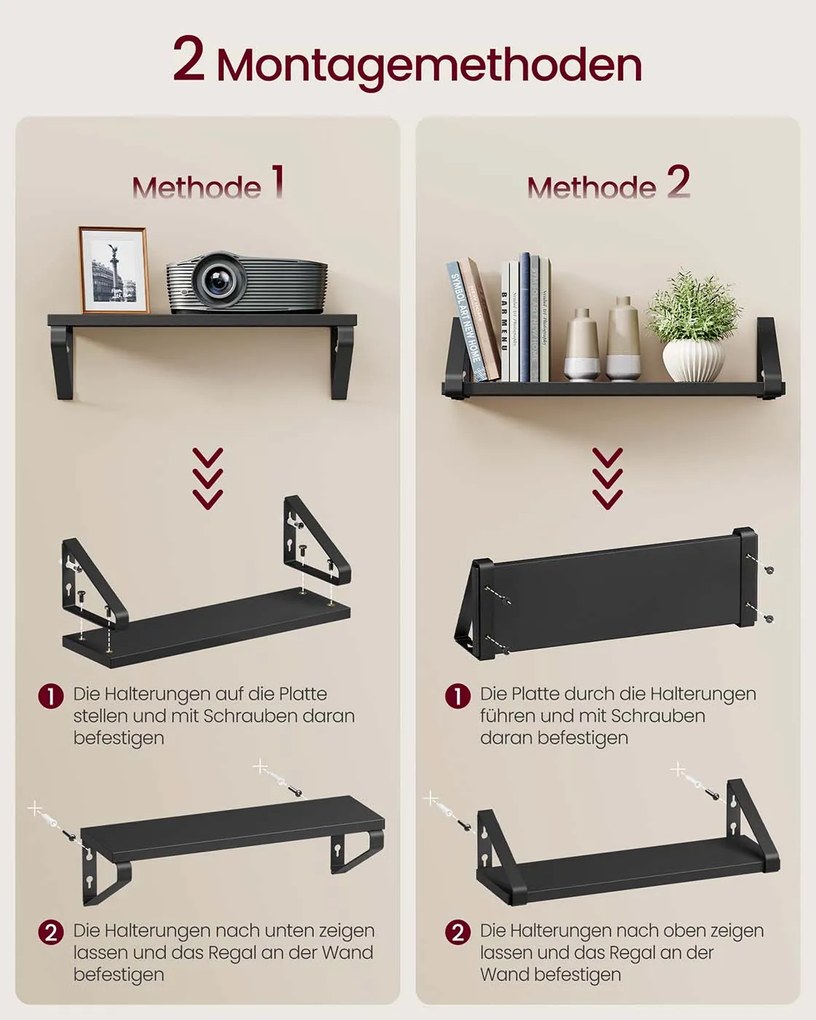Conjunto de 3 prateleiras de parede com 2 opções de montagem Preto-Preto mate