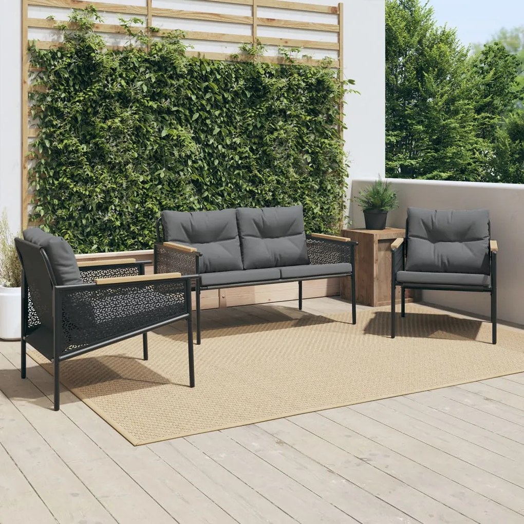 vidaXL 3 pcs conjunto mobiliário de varanda com almofadões aço preto