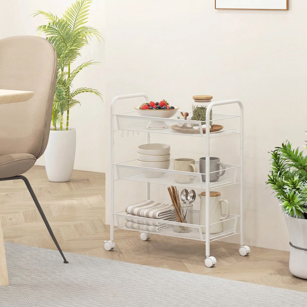 Carrinho de 3 níveis com cestos de cozinha com Rodas  45 x 26,5 x 63 cm, carrinho de arrumação com Rodas,, branco