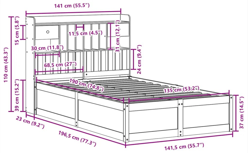 Cama sem colchão 135x190 cm madeira pinho maciça castanho-mel