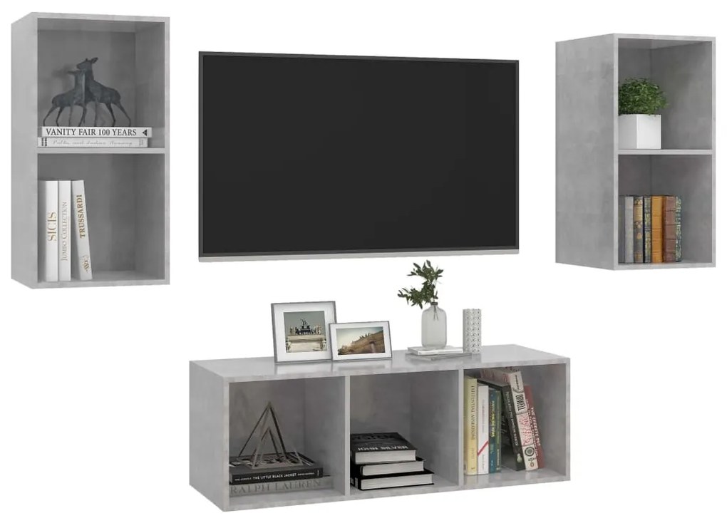 3 pcs conjunto de móveis de TV contraplacado cinzento cimento