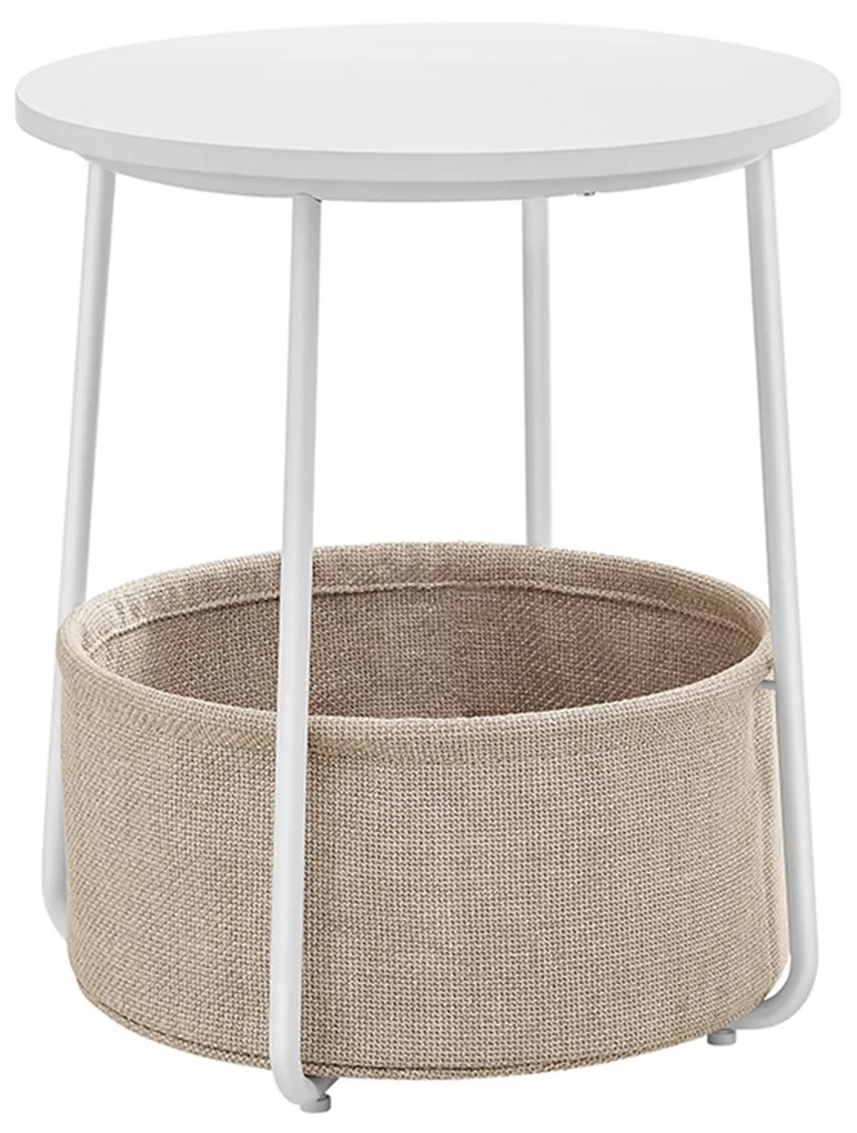 Mesa lateral VASAGLE, mesa lateral redonda com cesto de tecido, espaçosa, para sala de estar, quarto, mesa de cabeceira, estilo moderno, branco e bege LET223W10