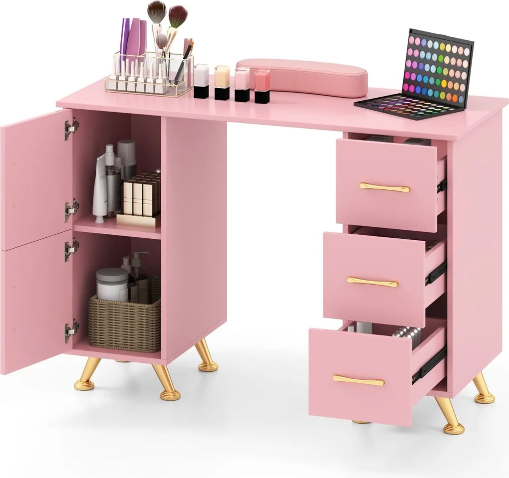 Mesa de manicure com gavetas Apoio para os pulsos Pernas metálicas para salão de beleza 108 x 45 x 76 cm Rosa