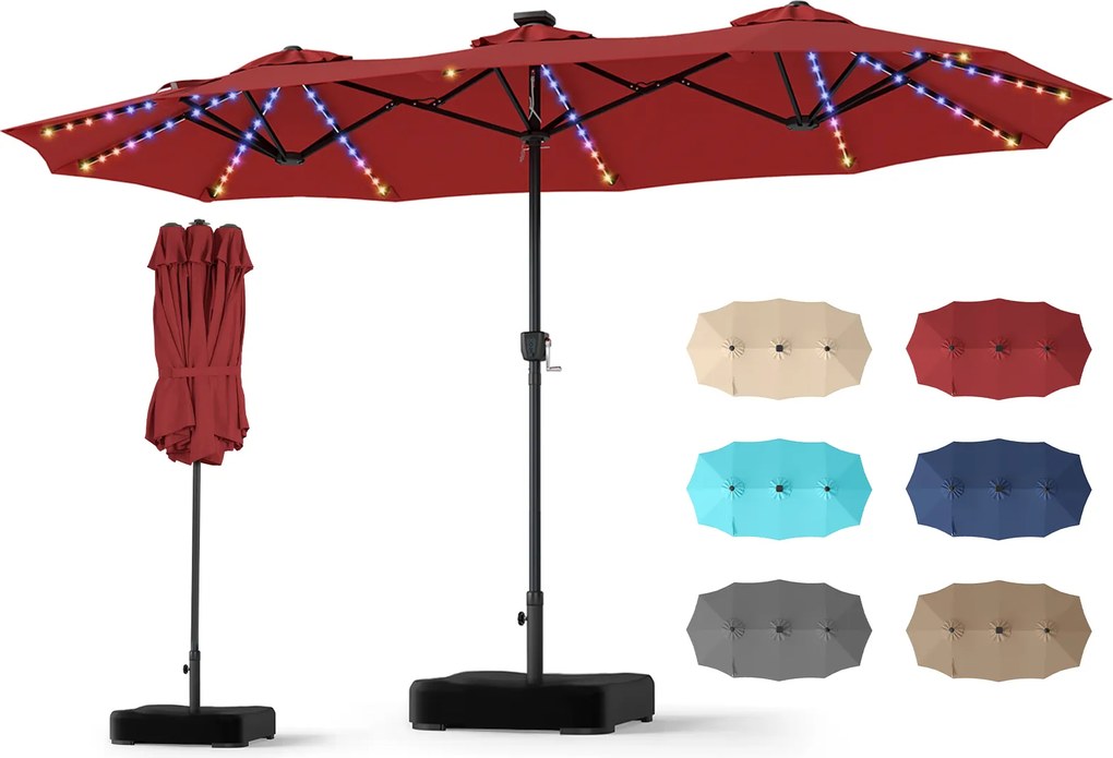 Guarda-sol Duplo Retangular de Exterior com base, 370 x 200 cm, 108 Luzes LED, Vermelho vinho