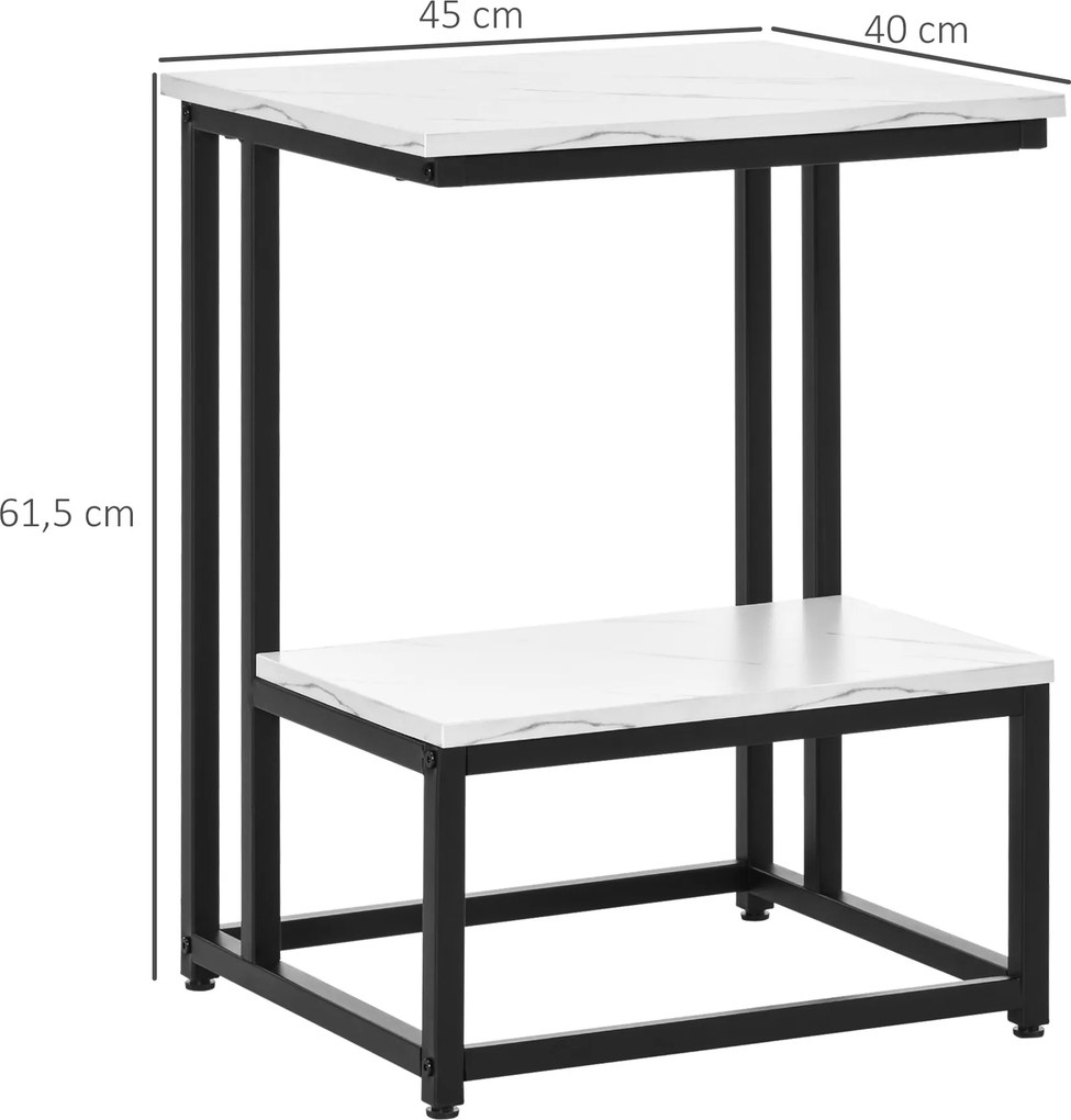 Mesa de centro moderna para sala de estar, mesa auxiliar para quarto, estrutura em aço preto, tampo e prateleira com aspeto de mármore branco
