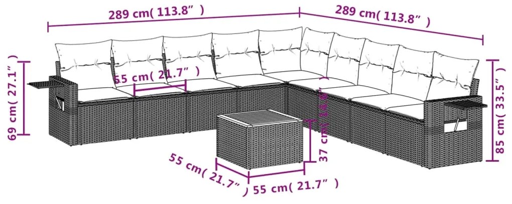 10 pcs conjunto sofás de jardim c/ almofadões vime PE preto