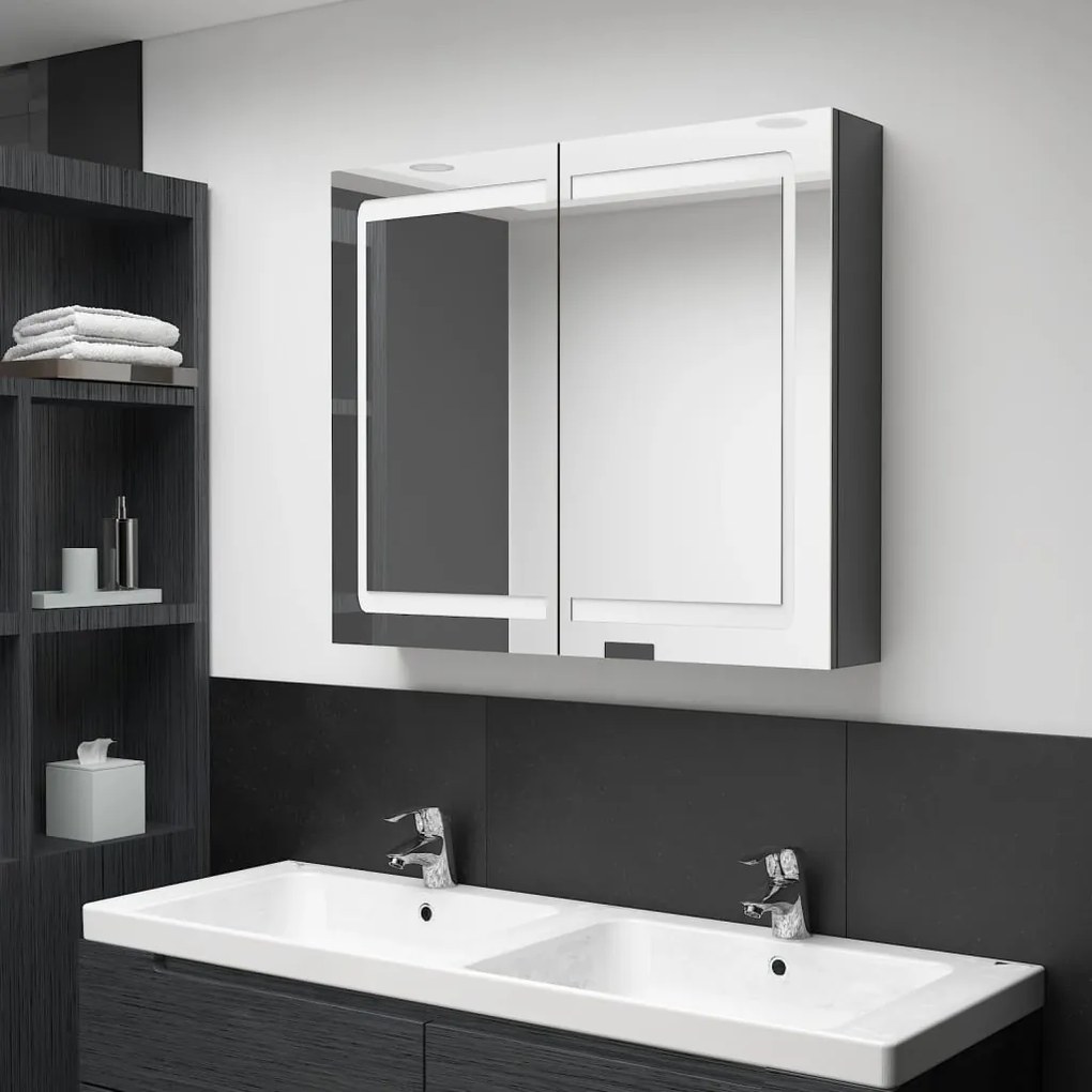 Armário espelhado casa de banho LED 80x12x68 cm cinza brilhante
